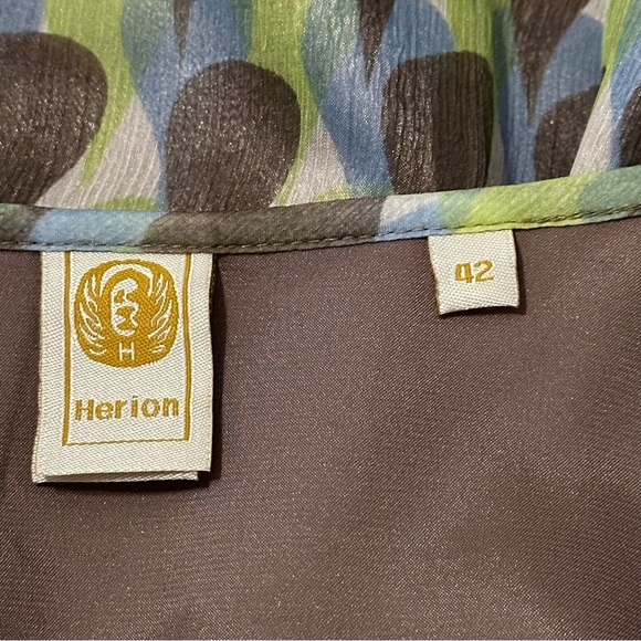 Herion Women’s Size 42 M Brown Blue Green Tear Drop Geo Print Silk Chiffon Dress - Picture 6 of 10